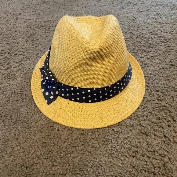 Amazing Polkadot Navy Bow Ribbon Straw Fedora Hat Beach Vacation Summer Like New - Picture 5 of 6
